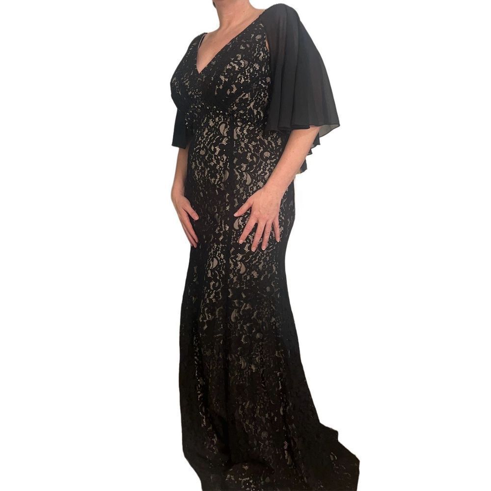 Amelia Couture Black lace formal dress, chiffon capelet, nude underlayer size 18